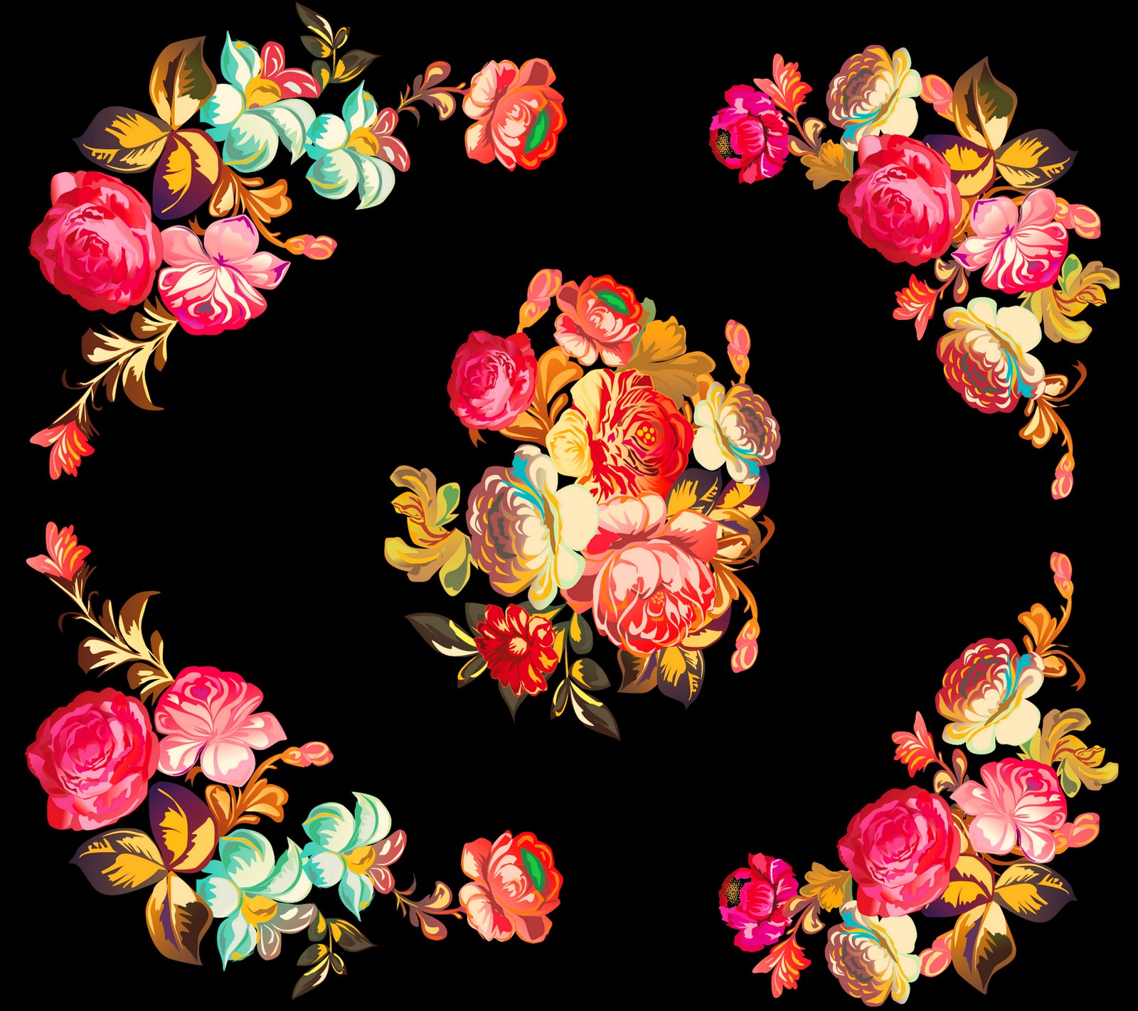 A close up of a floral design on a black background (background, beautiful abstract, flowers colors)