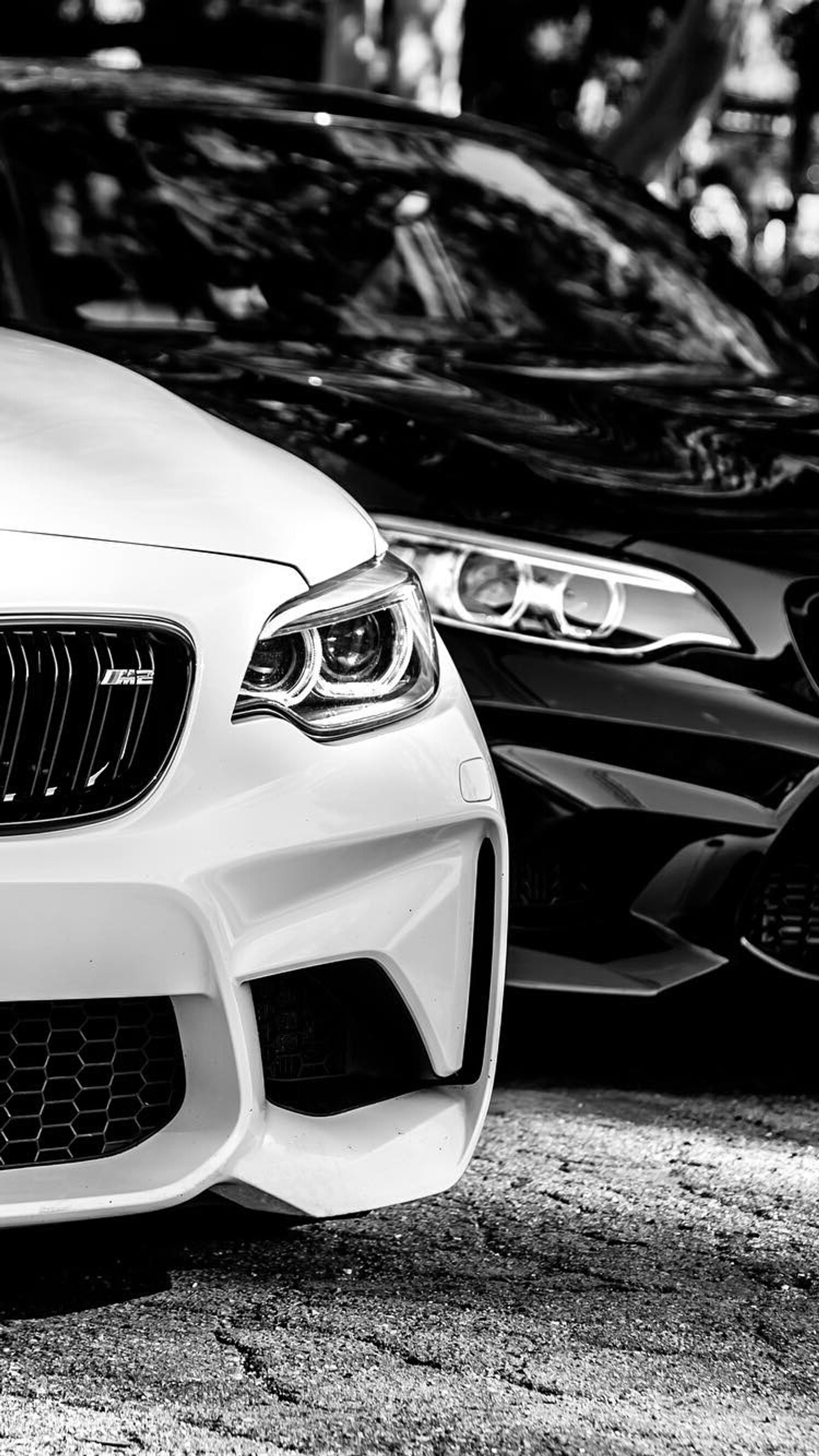 A close up of a bmw car parked in a parking lot (auto, black, bmw, cars, coupe)