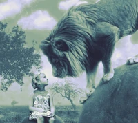 A young girl gazes in awe at a majestic lion amidst a serene, nature-filled landscape.