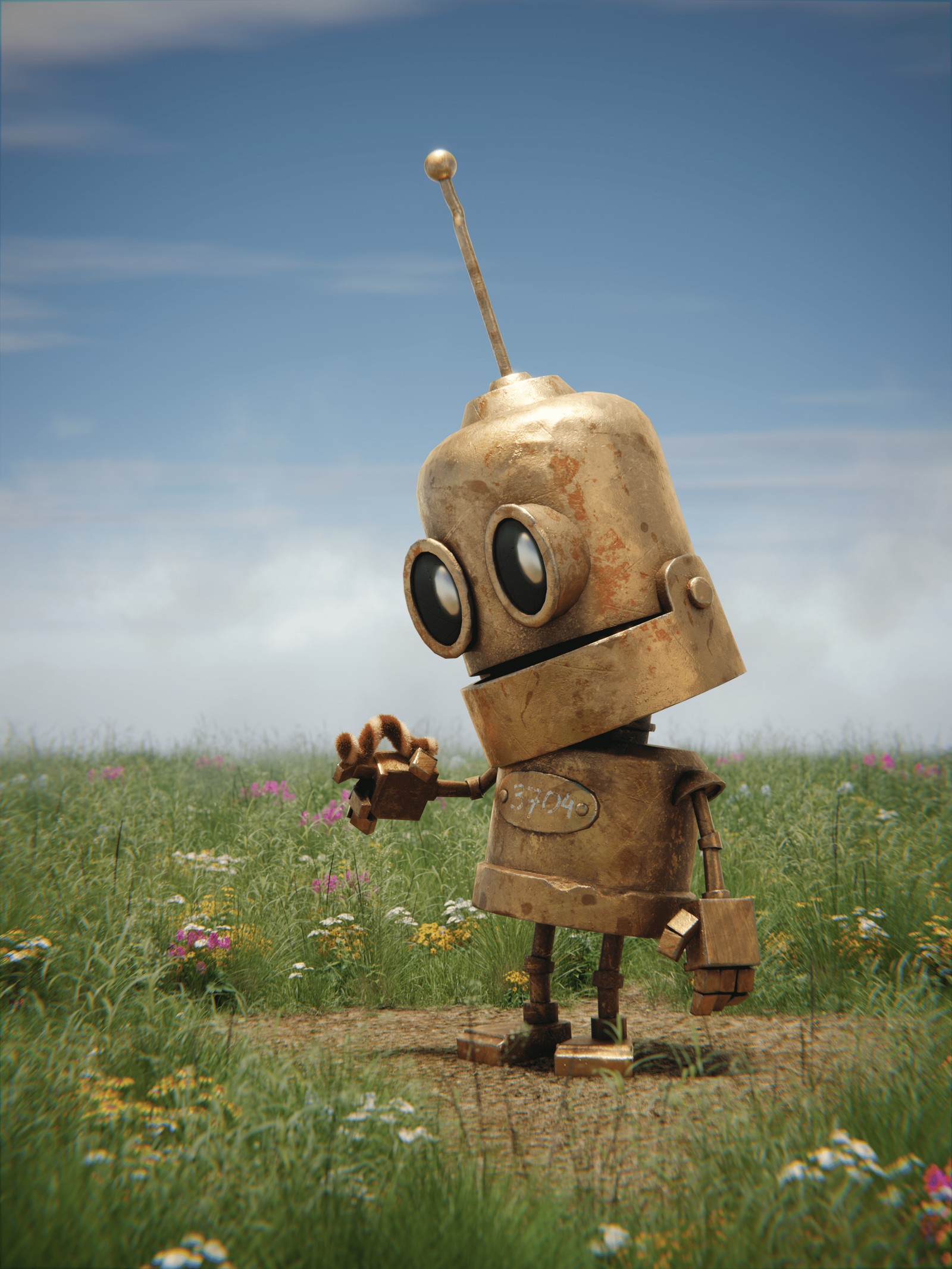 Hay un robot que está de pie en la hierba con una flor (pasto, planta, nube, flor, paisaje natural)