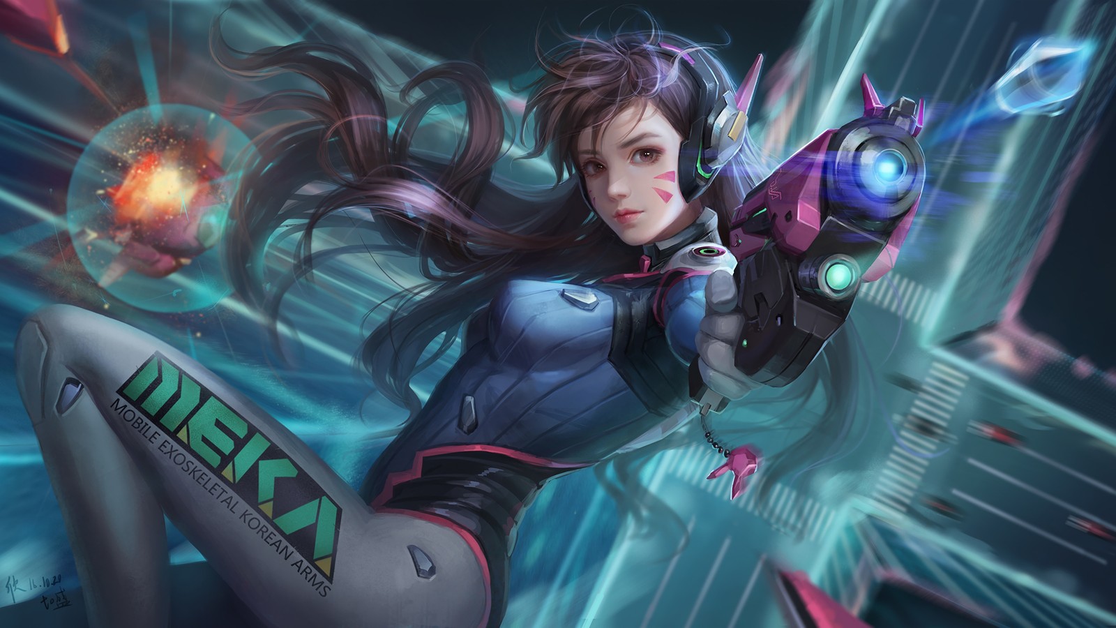 A woman in a futuristic outfit holding a gun (dva, overwatch, video game)