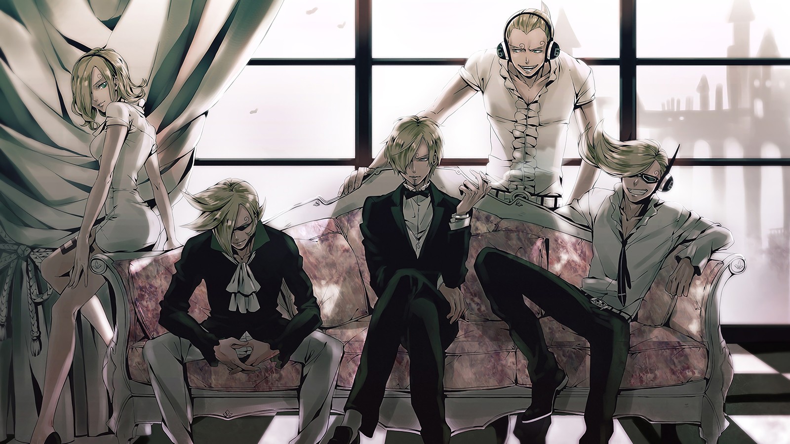 Personajes de anime sentados en un sofá frente a una ventana (familia vinsmoke, reiju, ichiji, sanji, niji)