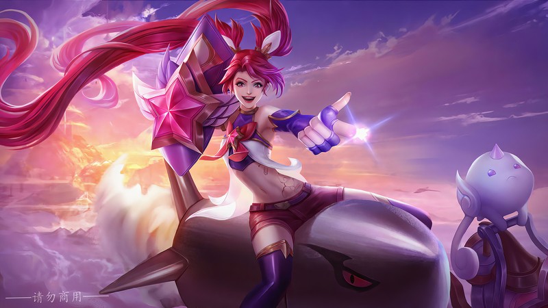 Женщина с длинными волосами и мечом едет на лошади (джинкс, jinx, lol, league of legends, видеоигра)