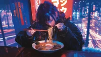 Chica de anime disfrutando de ramen en un paisaje urbano vibrante