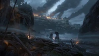 Épica batalla samurái en un paisaje devastado por la guerra en Ghost of Tsushima