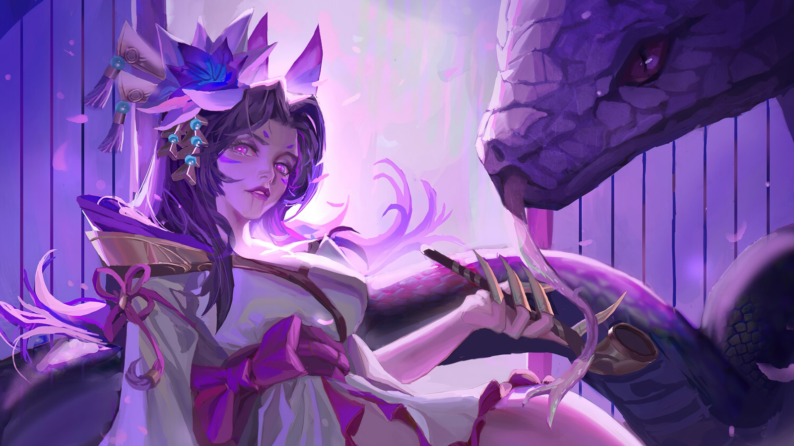 A close up of a woman in a dress holding a sword (lol, league of legends, video game, cassiopeia)