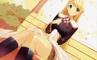 Fille blonde avec de longs cheveux assise sur un banc dans un style anime