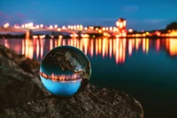 crystal ball, cityscape, macro, city lights, night city wallpaper