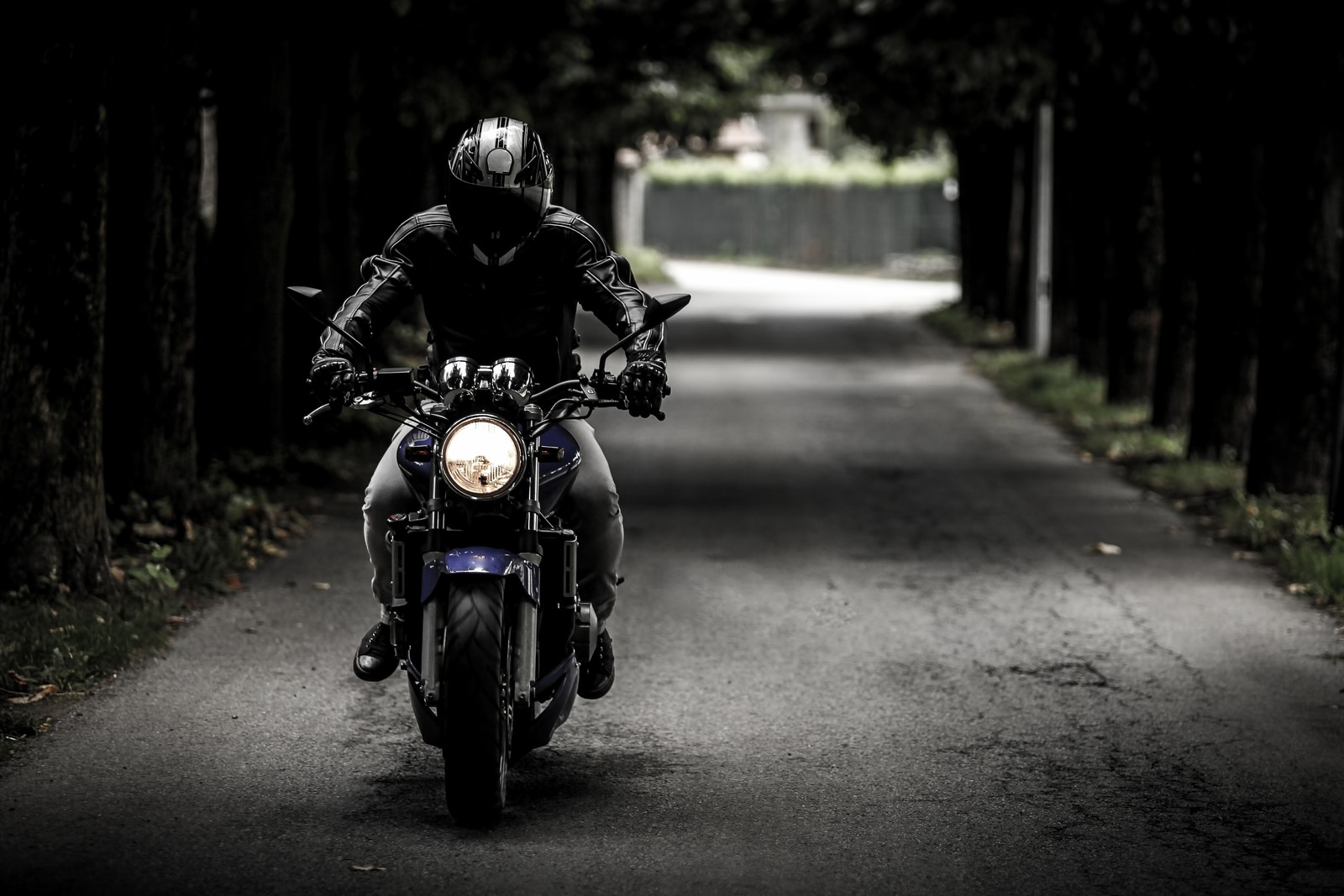 Ein arabischer mann fährt mit einem motorrad auf einer dunklen straße im wald (biker, motorad, fahrt, roadtrip, helm)