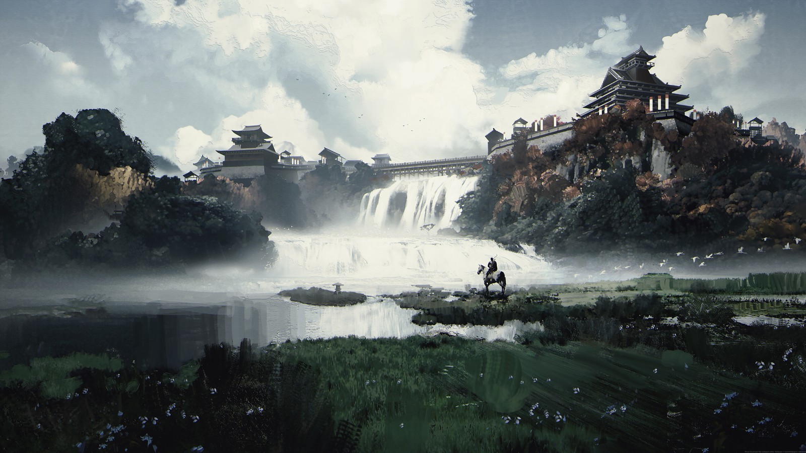 Uma pintura de um homem e uma mulher caminhando na frente de uma cachoeira (ghost of tsushima, jogo de vídeo, arte, cenário)