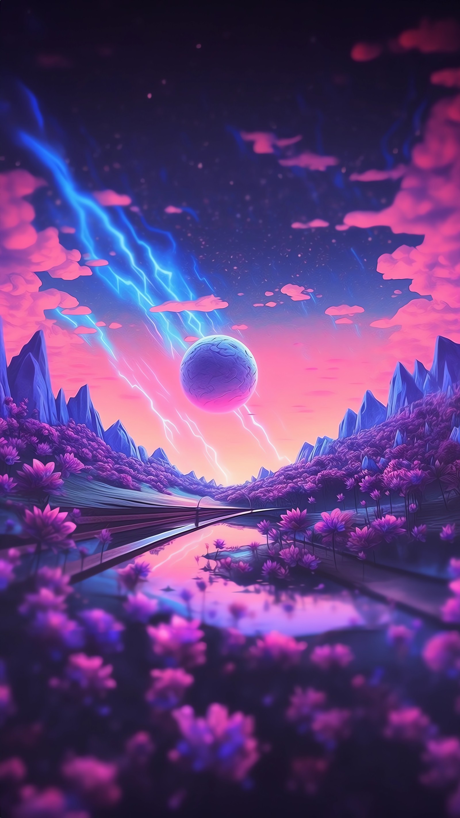 Un paisaje púrpura y azul con un cielo rosa y una bola morada (resplandor, teléfono, pintura, diseño gráfico, agua)