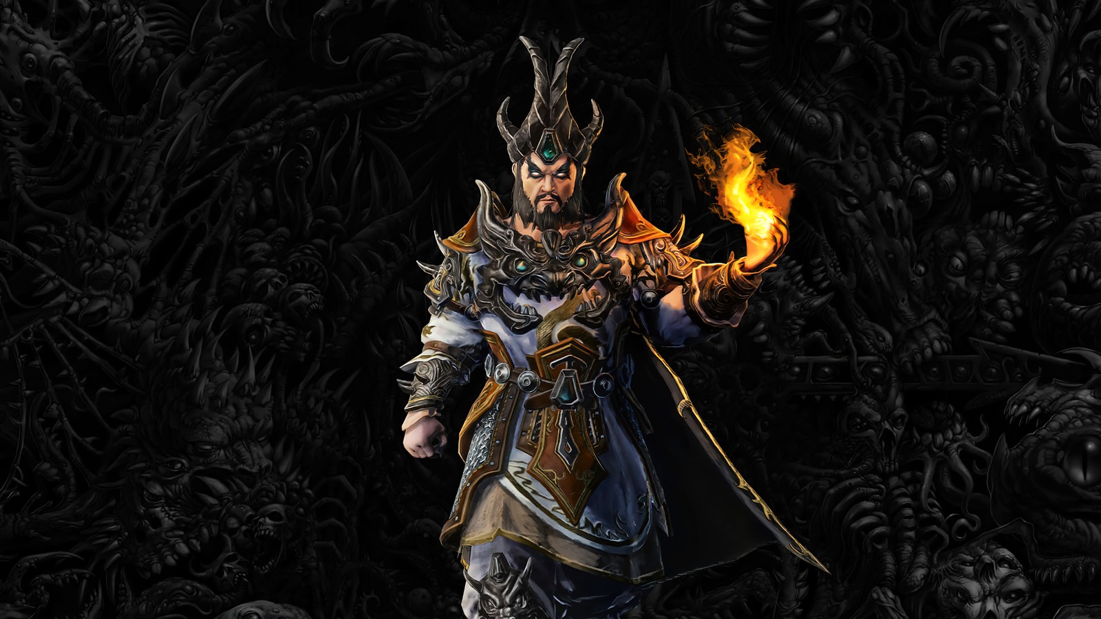 A man in armor holding a fire in his hand (total warhammer iii, video game, total warhammer 3, zhao ming)