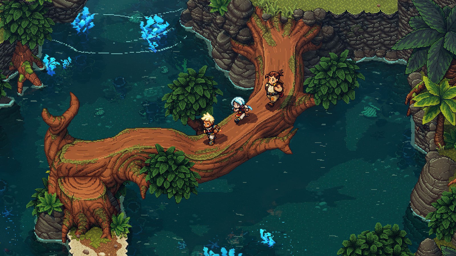 A screenshot of a video game with a tree and a river (sea of stars, video game, screenshot, pixel art)