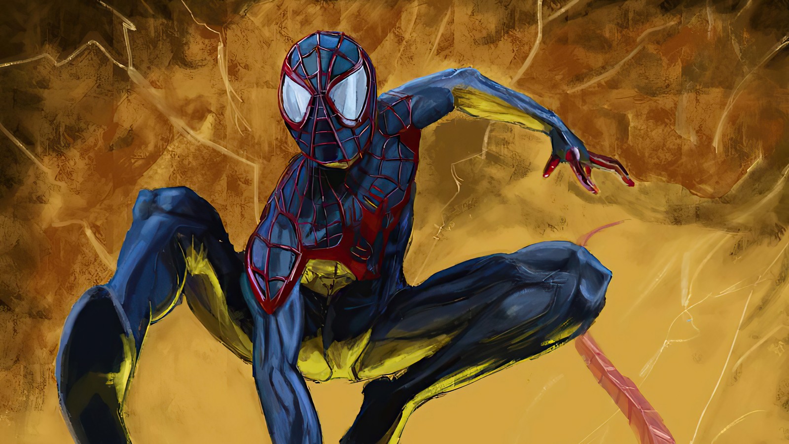 L'homme araignée en costume jaune et bleu volant dans les airs (miles morales, spider man, marvel comics, super héros, bandes dessinées)