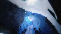 A serene figure with flowing blue hair, partially hidden beneath a cloud-like umbrella, evokes a sense of melancholy and mystery in a dreamlike atmosphere.