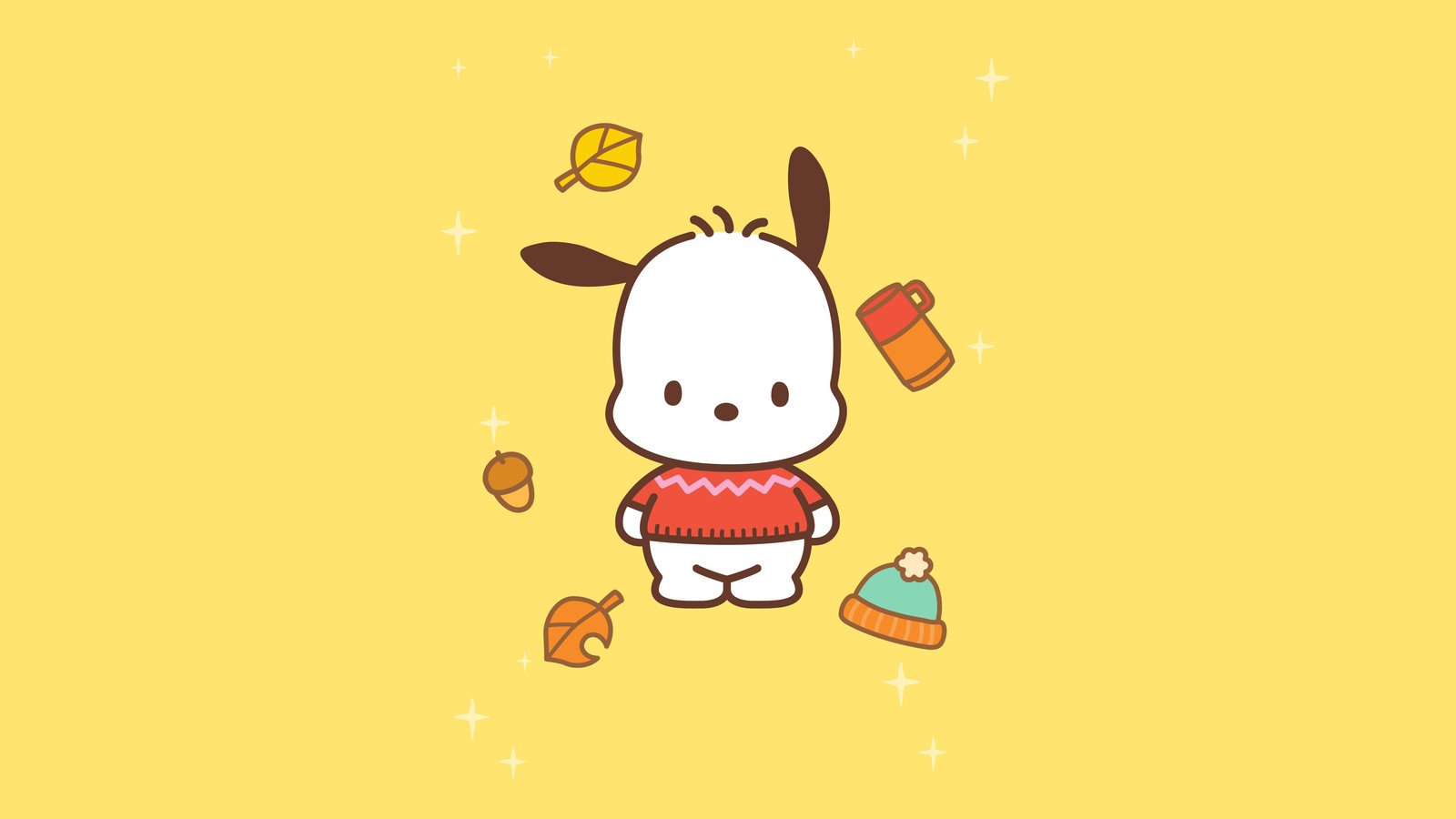 A cartoon dog wearing a sweater and a hat with a toy (pochacco, sanrio, 5k, yellow background, cute cartoon)