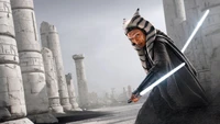 Ahsoka Tano wielding dual lightsabers in an ancient ruins setting.