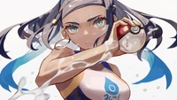 Nessa from Pokémon Sword and Shield wielding a Pokéball with determination.