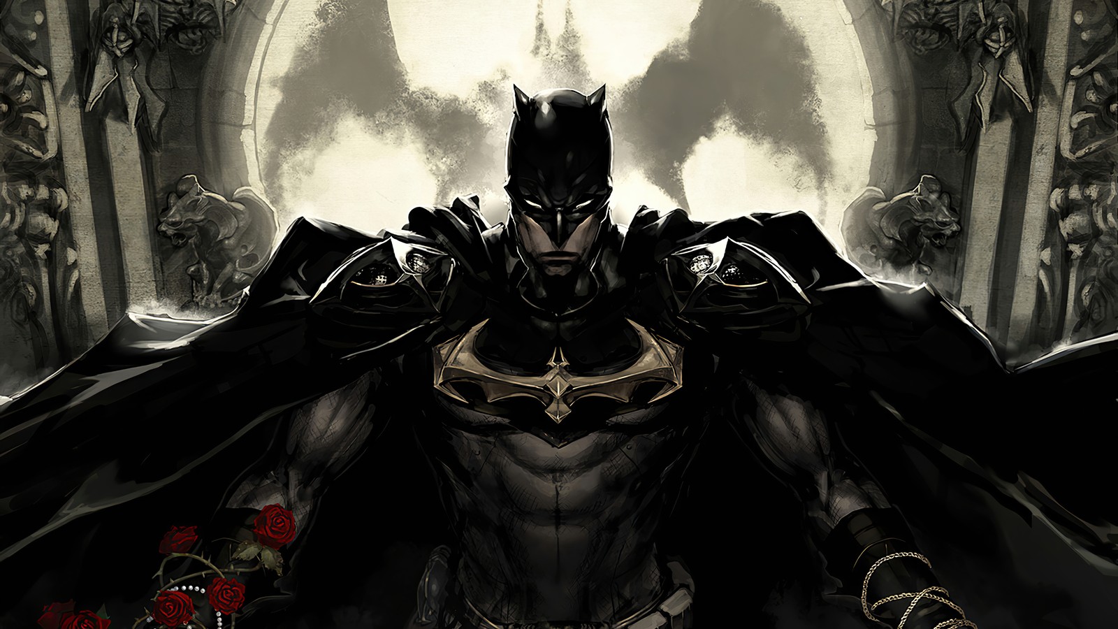 Batman dans un costume de chevalier noir se tenant devant une pleine lune (batman, dc comics, bandes dessinées, bande dessinée, super héros)