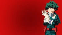 Minimalist illustration of Izuku Midoriya (Deku) from Boku no Hero Academia, set against a bold red background.