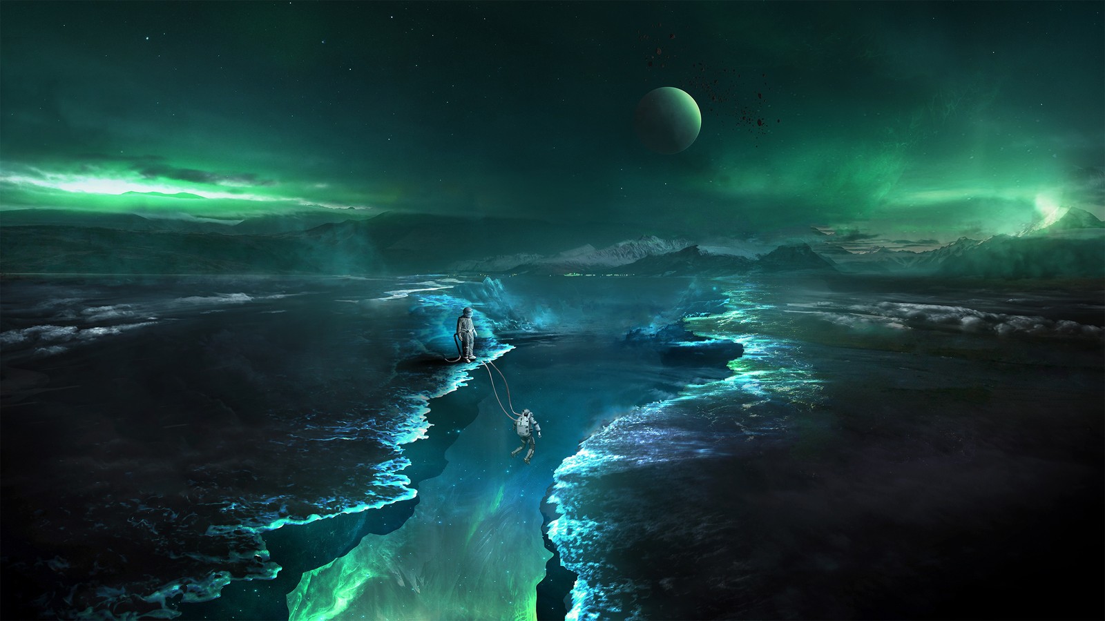 A green and black image of a frozen river with a moon in the background (space, astronaut, sci fi)