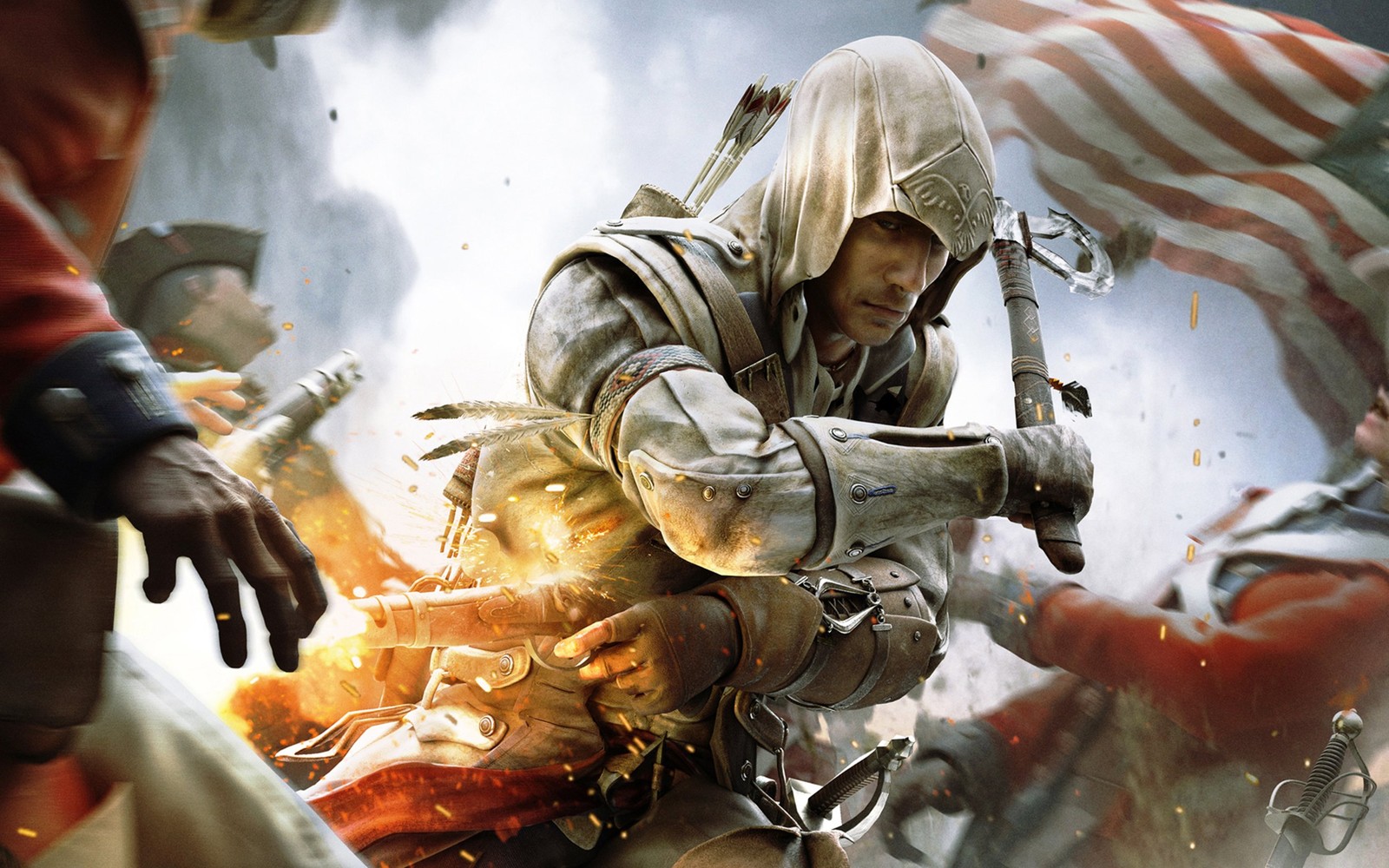 Assassin is attacking a group of soldiers with a flag (assassins creed iii, assassins creed, pc game, movie, action film)