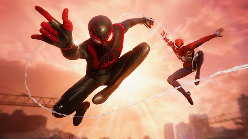 Человек-паук прыгает над городом в сцене из игры человек-паук (marvels spider man miles morales, инсомниак, playstation 5, видеоигра, майлз моралес)