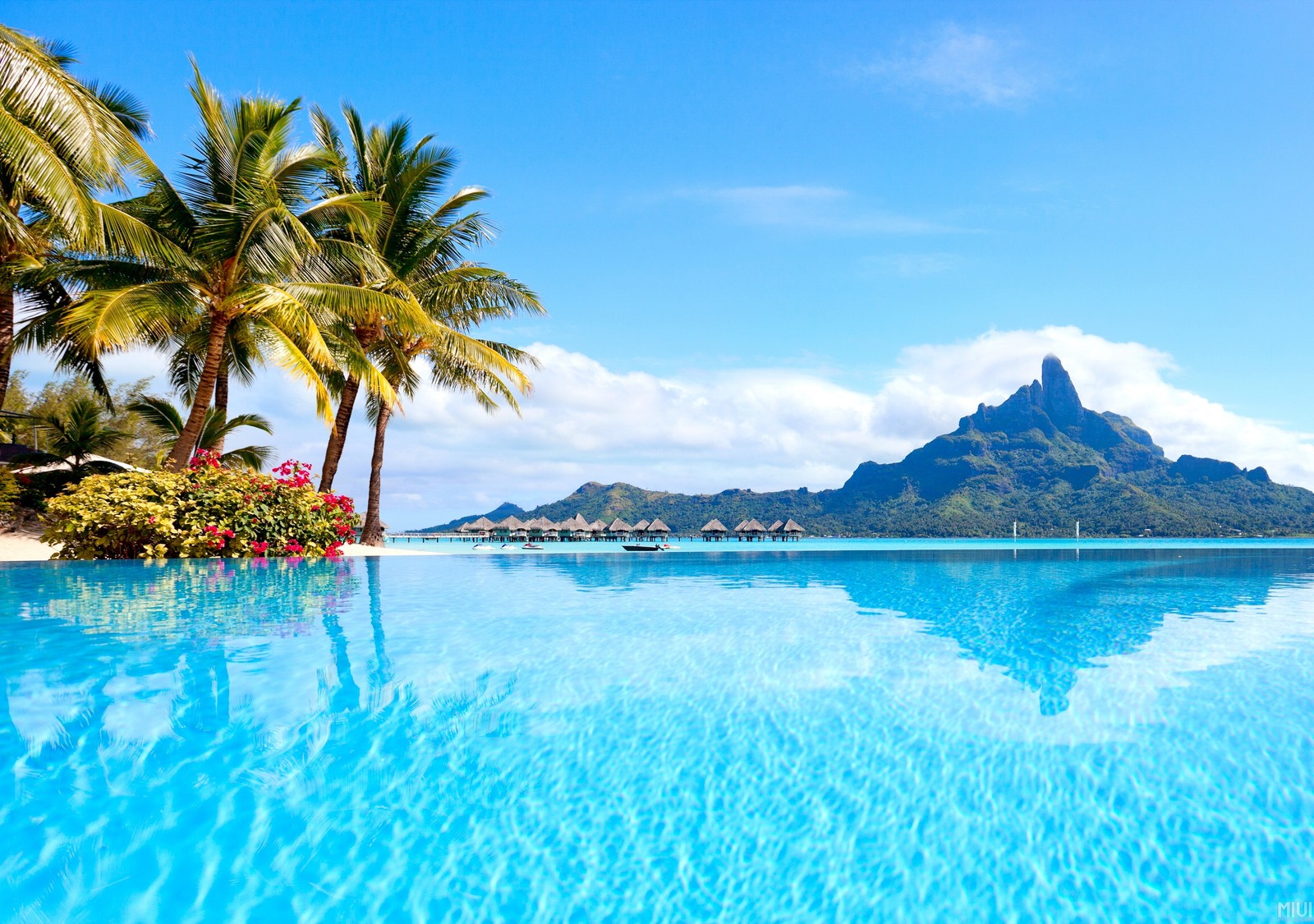 Uma vista de uma piscina com palmeiras e uma montanha ao fundo (praia, mar, natureza, trópicos, paisagem natural)