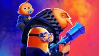 Gru, un Minion y un personaje bebé se unen con una expresión juguetona pero aventurera, rodeados de un fondo vibrante y colorido.