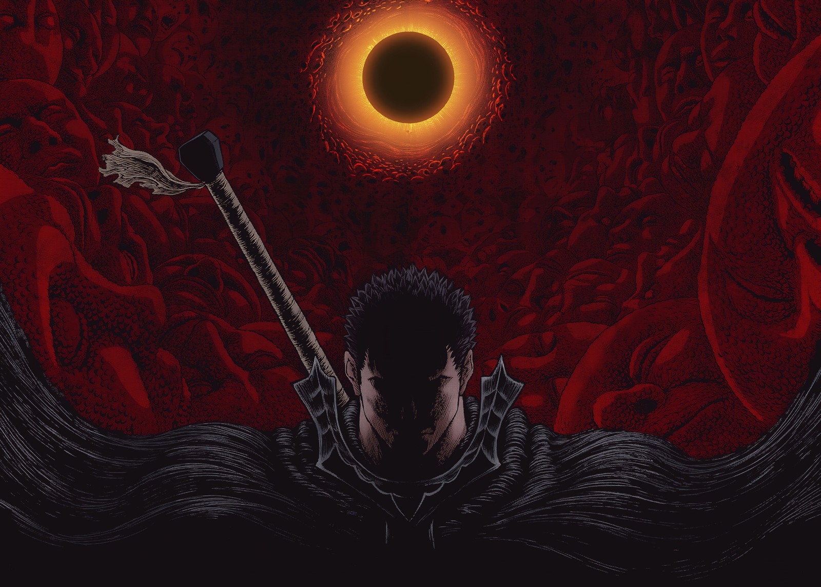 A man with a sword in his hand standing in front of a black hole (berserk, guts, colored, 5k, dark red)