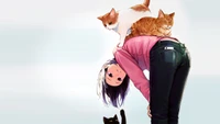 A playful girl in jeans bends over, surrounded by three cute cats—two on her back and one reaching up, capturing a charming and whimsical anime scene.