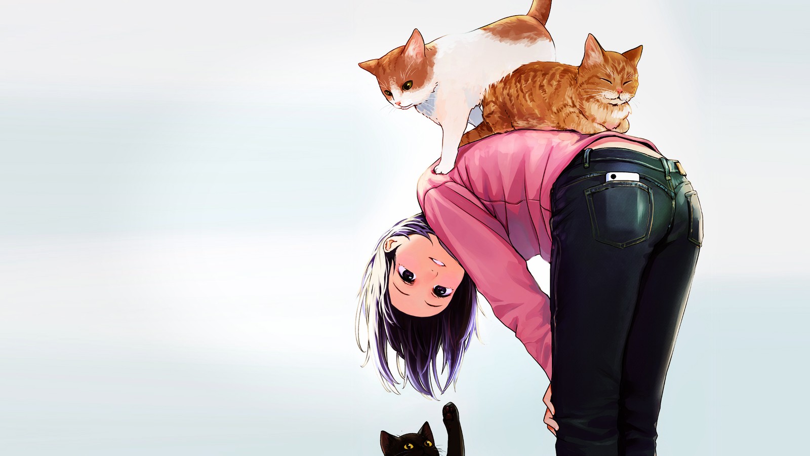 There is a woman with a cat on her back and a cat on her back (cat, catgirl, anime, white, felidae)