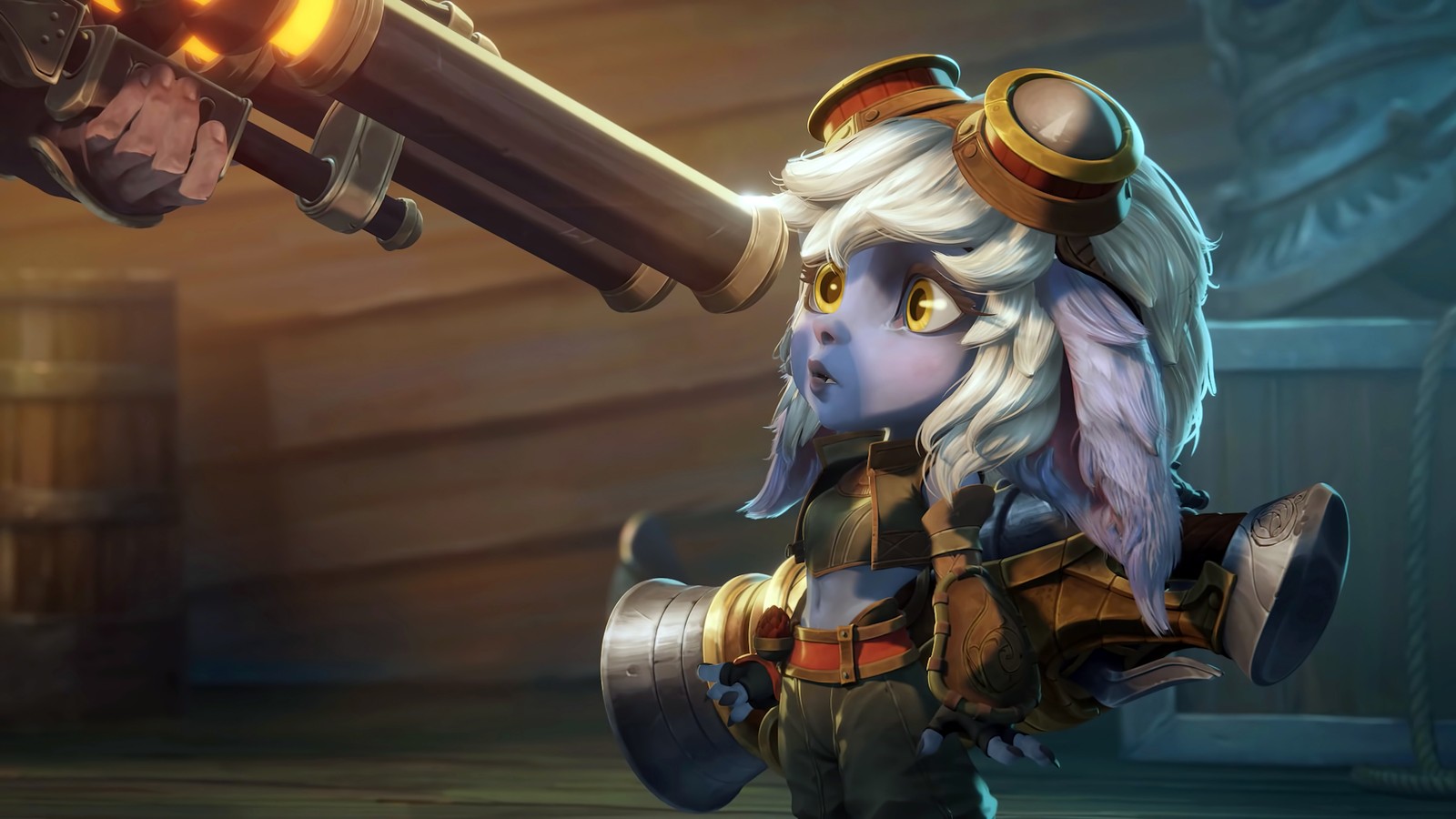 A close up of a person with a gun in a room (tristana, league of legends, lol, video game, wild rift)