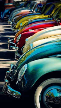 Desfile de Fuscas Vintage: Uma Alinhamento Colorido de Carros Clássicos