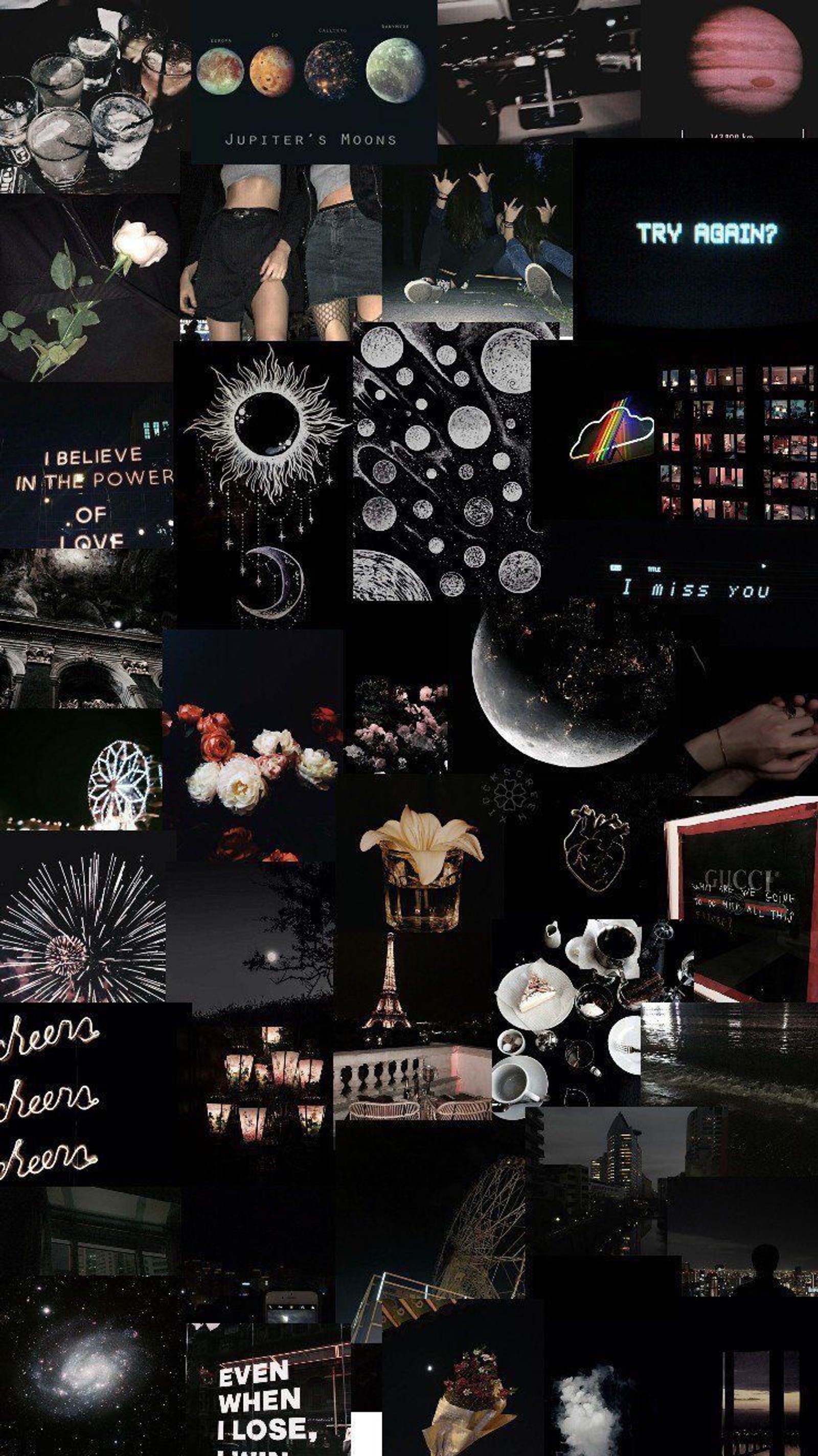 A close up of a collage of different images of a city (aesthetic, black, cute, dark, emo)