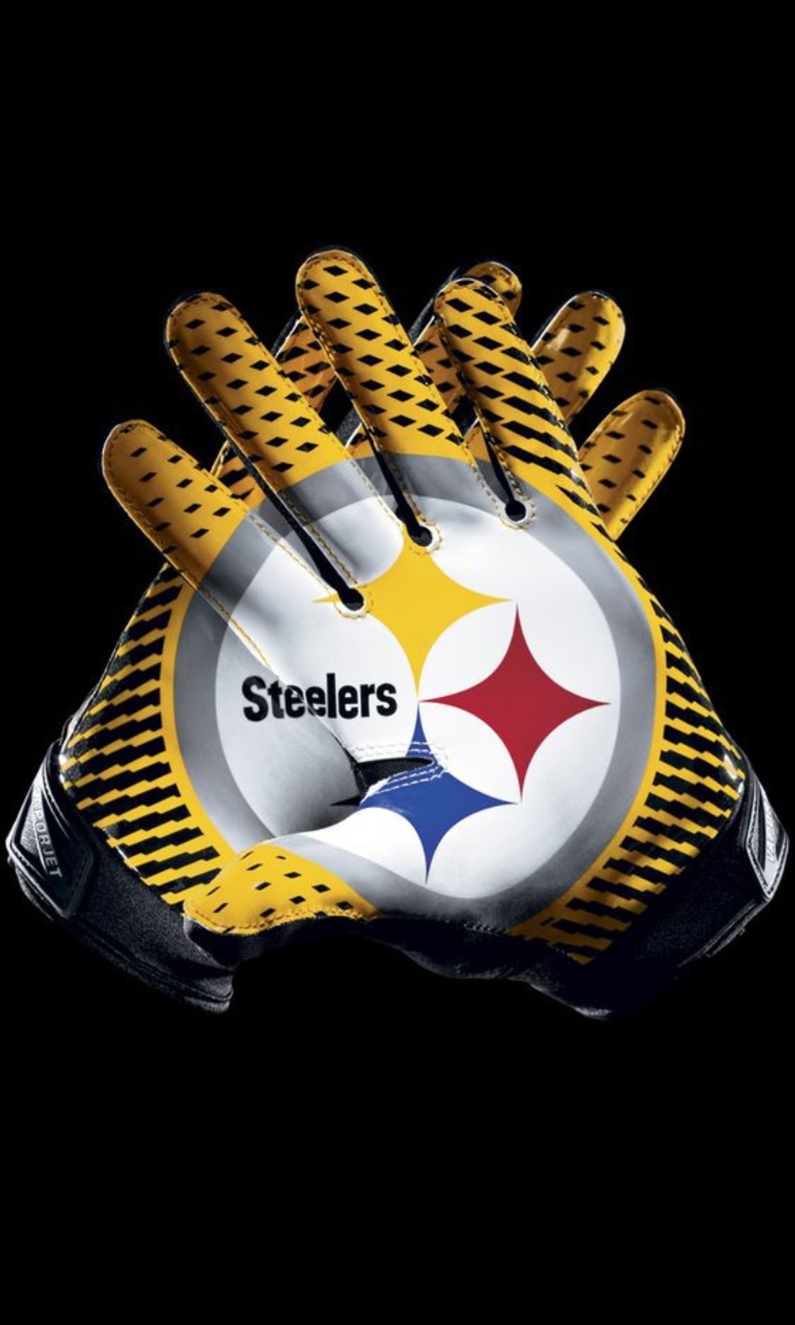 Un primer plano de un guante de fútbol con el logotipo de los pittsburgh steelers (fútbol, girdiron, guantes, nfl, nike)