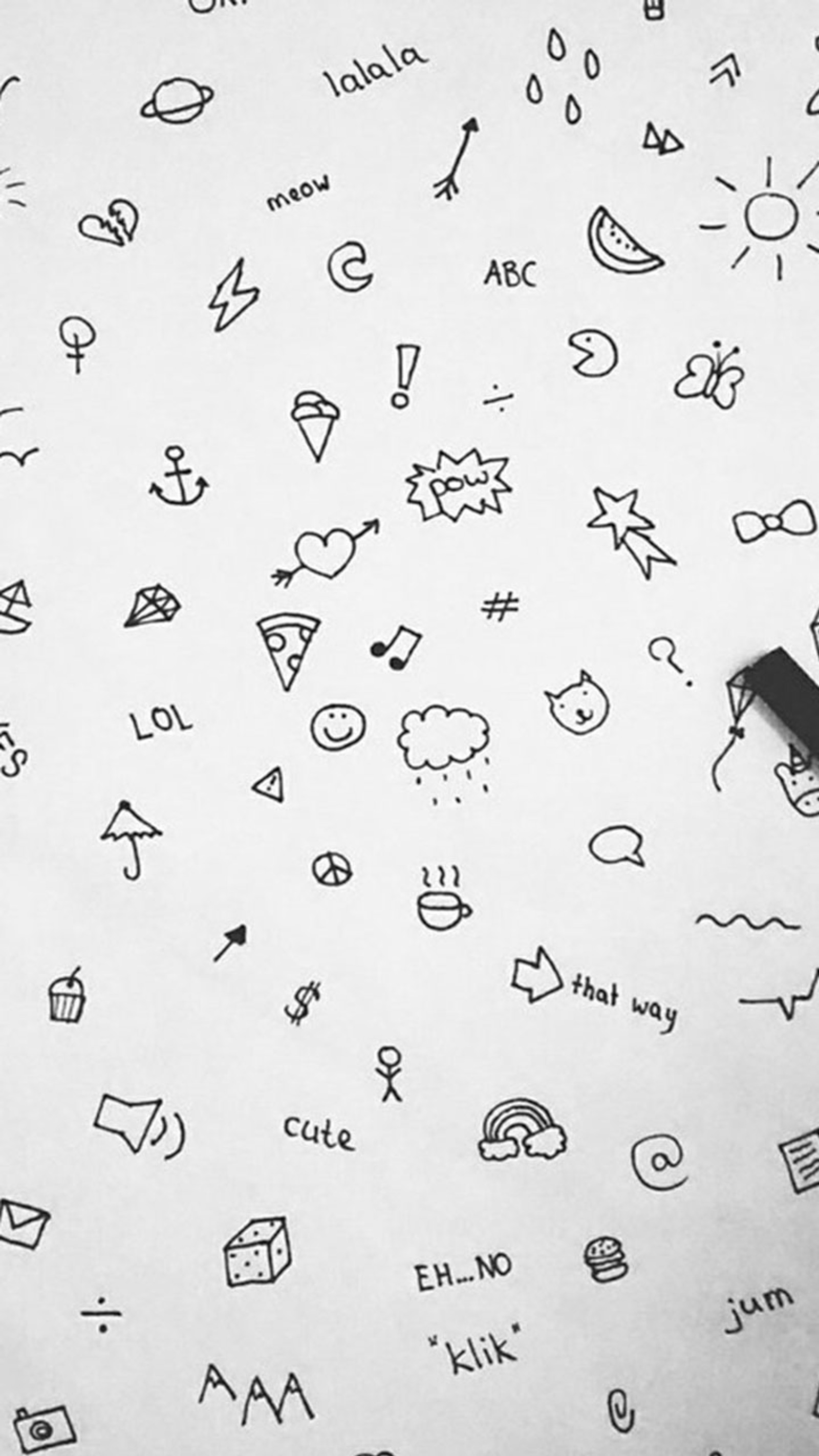 Arafed drawing of a bunch of different symbols on a sheet of paper (doodling, pen)