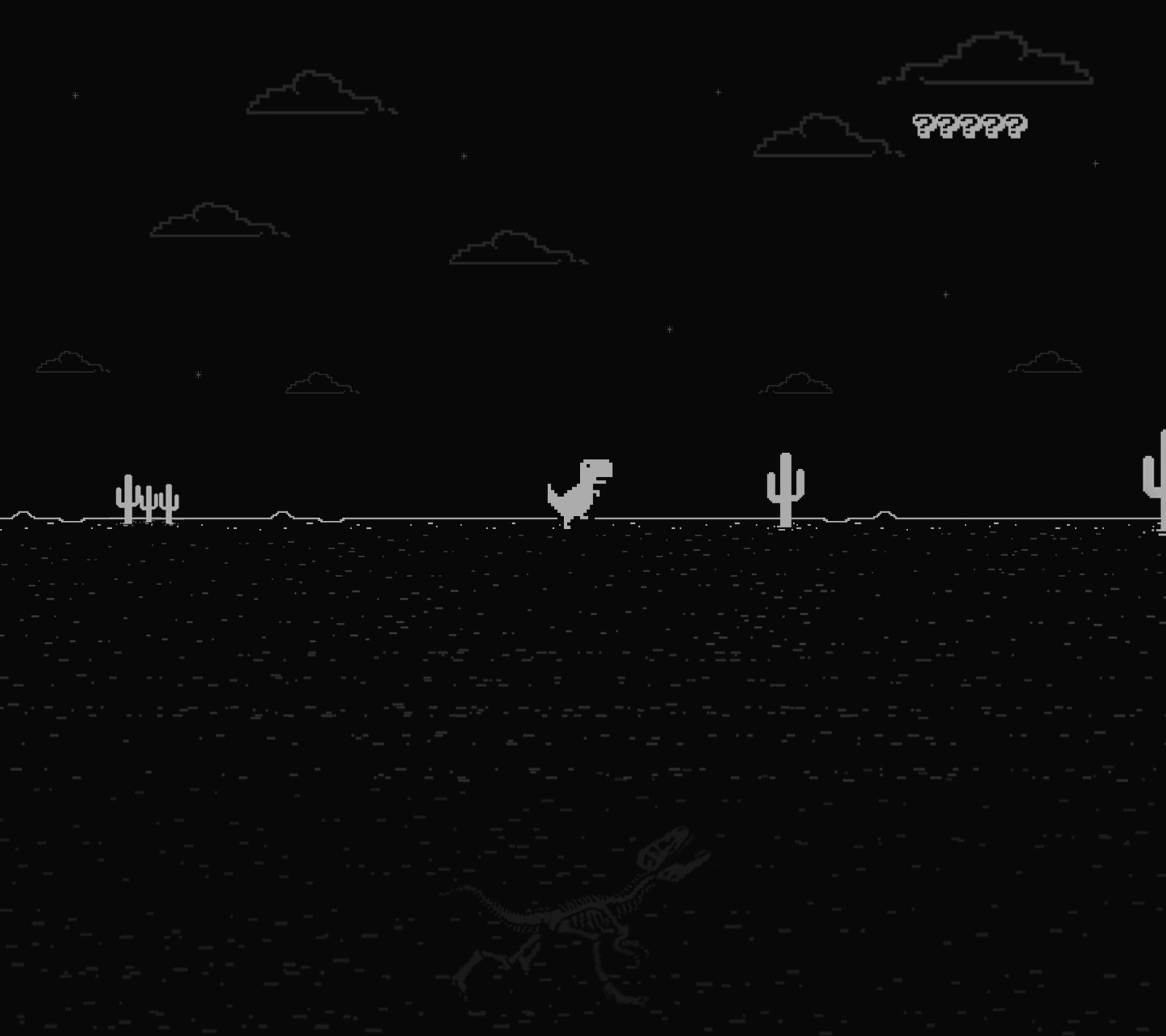 A black and white photo of a desert with cactus trees (arcade, black, cactus, dark, dino)