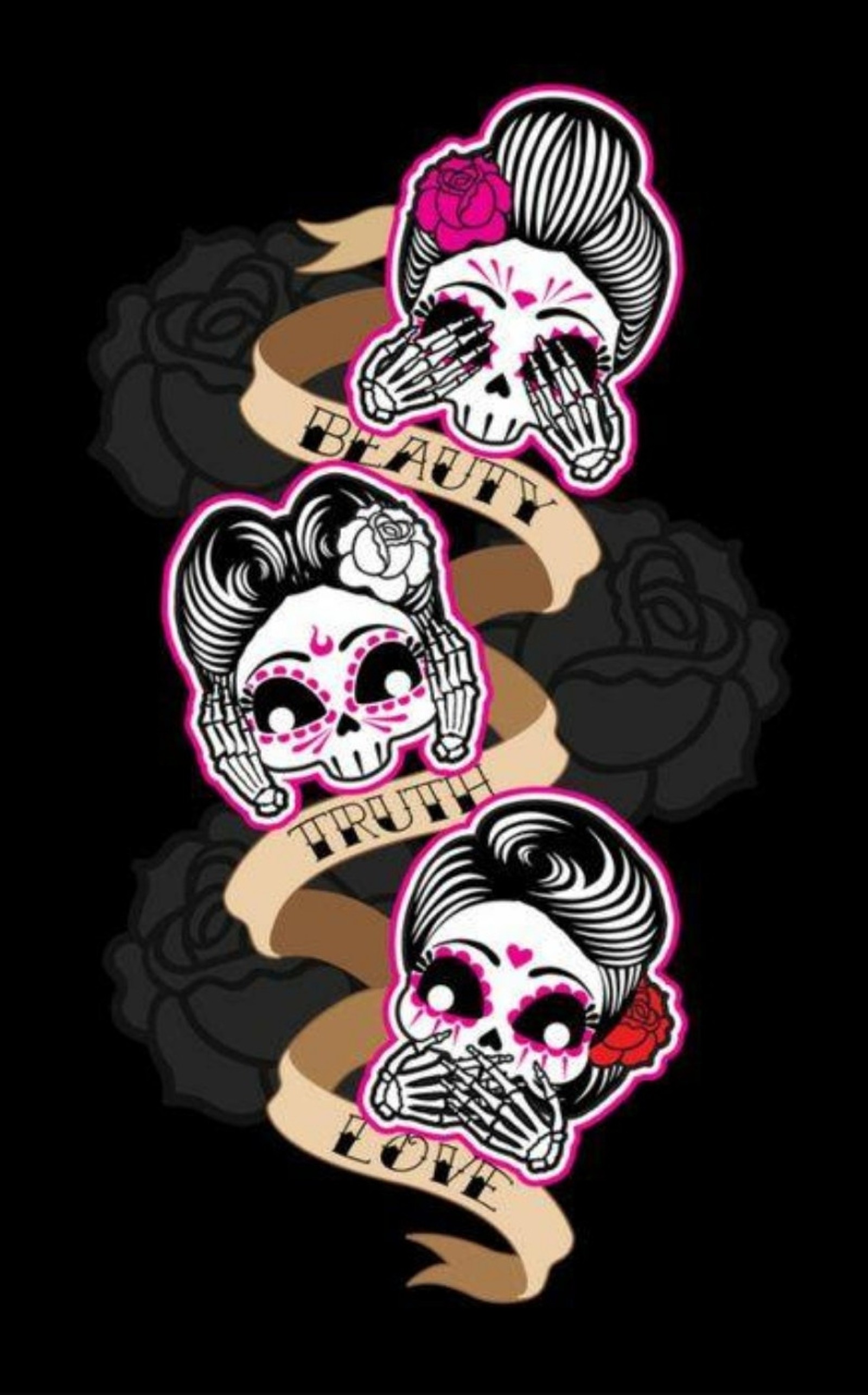 Tres calaveras con rosas y cintas sobre un fondo negro (lindo, calavera)