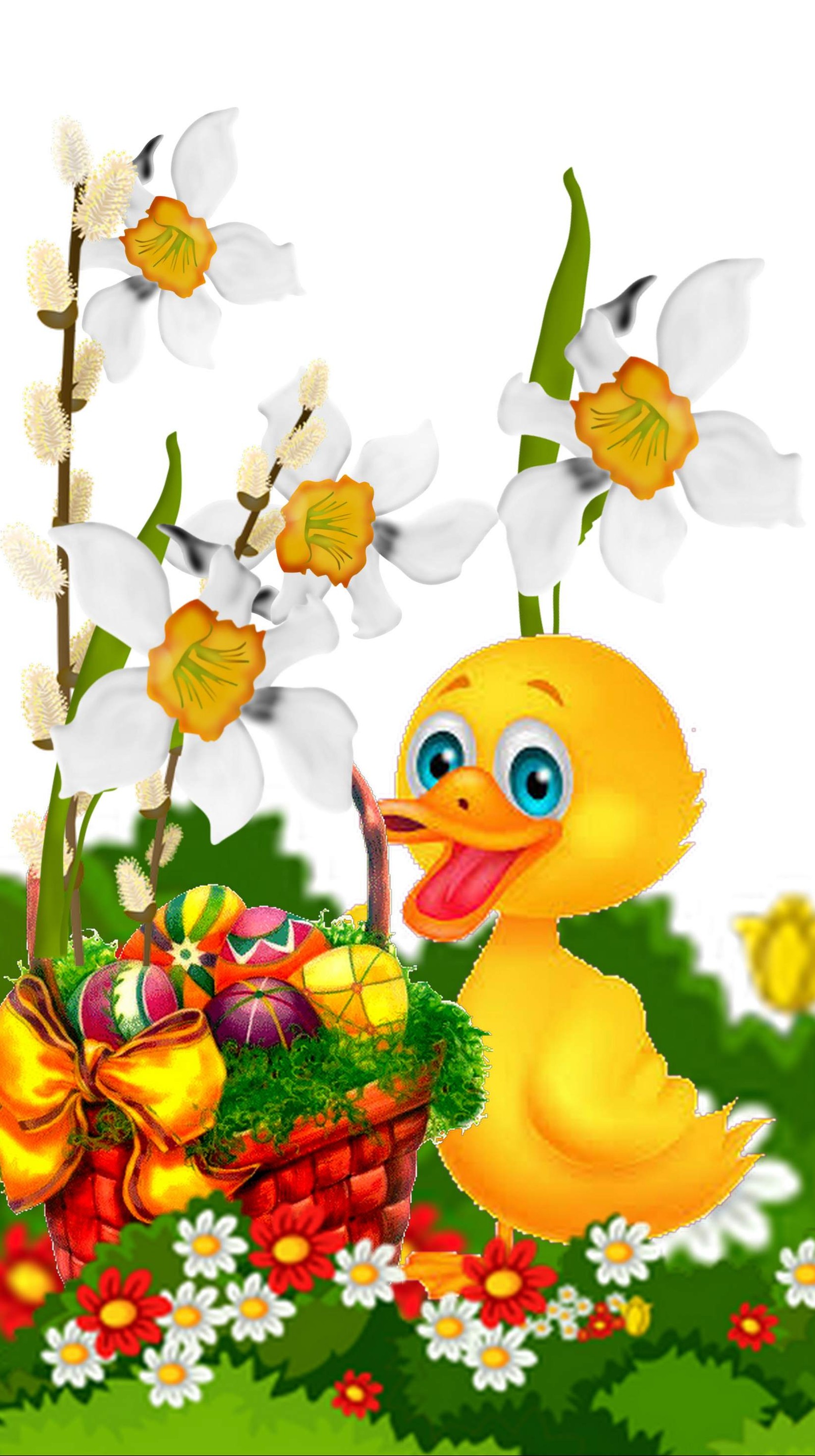 Cartoon duck with basket of easter eggs in the garden (easter, eggs, happy easter)