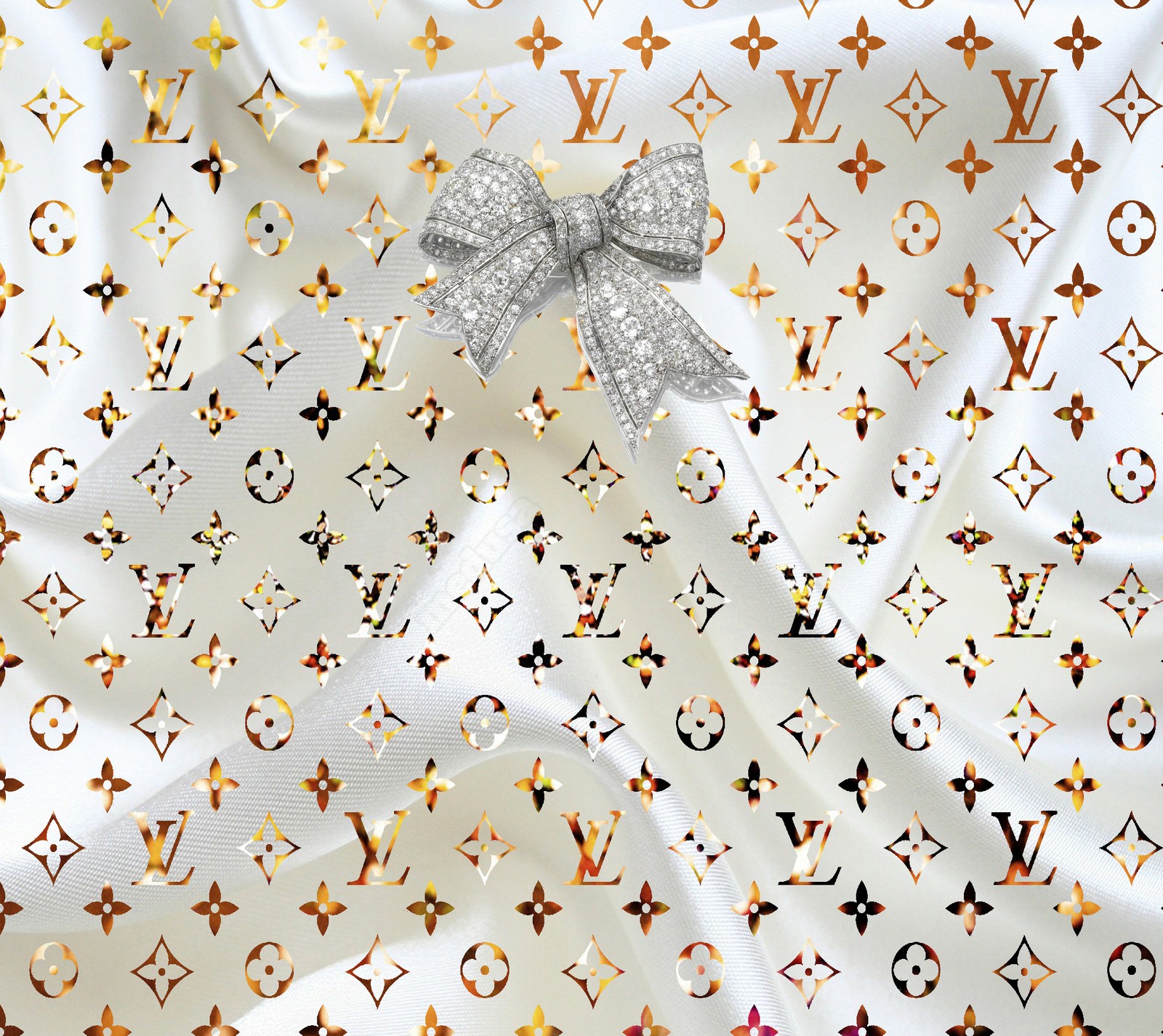 A close up of a white fabric with a silver bow on it (brand, gold, louisvuitton, lv, pattern)