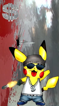 Gangster Pikachu with a dollar sign, wearing sunglasses and a beanie, holding a torch against a gritty background.