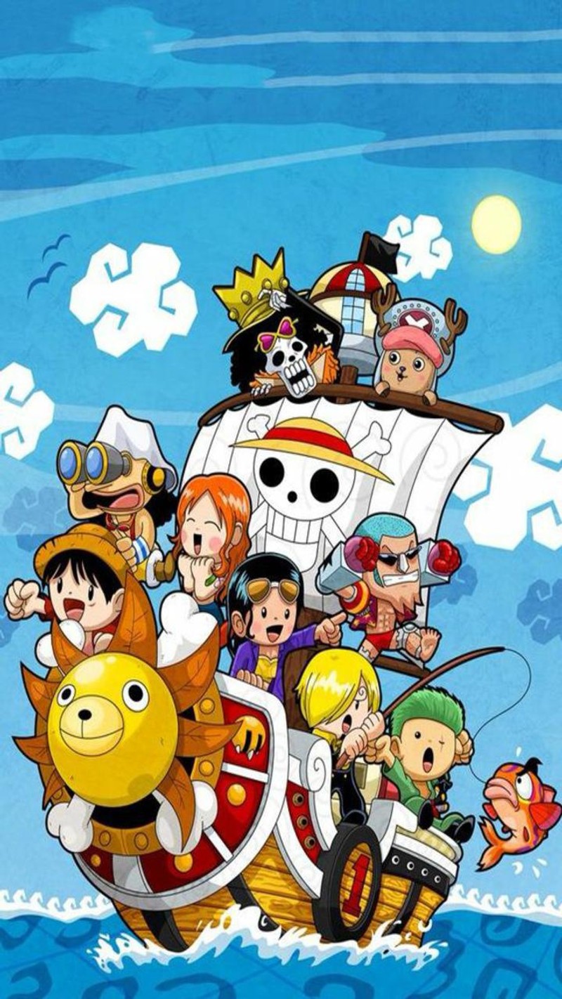 Пираты из one piece на корабле с множеством персонажей (аниме, anime, чиби, chibi, ван пис)