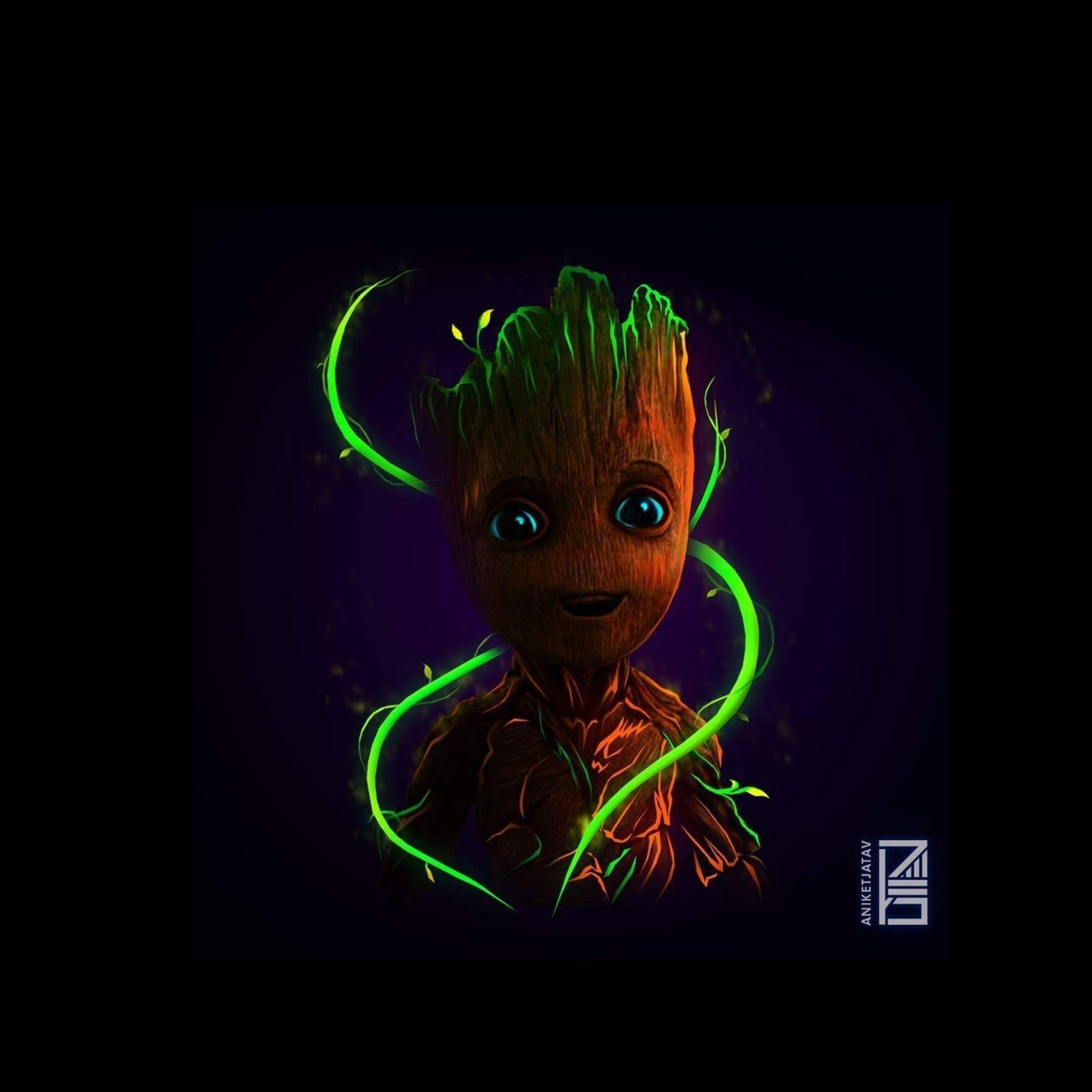 Un primer plano de un grooter con cabello verde brillante (groot, guardianes de la galaxia, marvel)