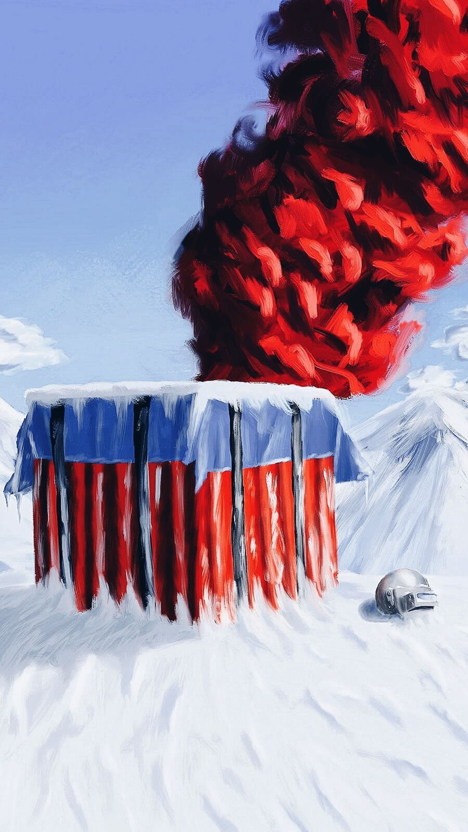 Pintura de um edifício vermelho e azul com fumaça vermelha saindo dele (jogo, vikendi)