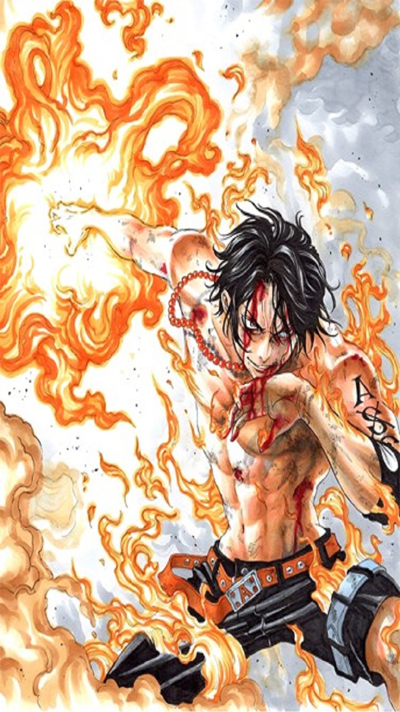 A drawing of a man with a sword and fire in his hand (anime, onepiece)