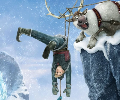 Kristoff and Sven in a comical adventure in Arendelle's snowy landscape.