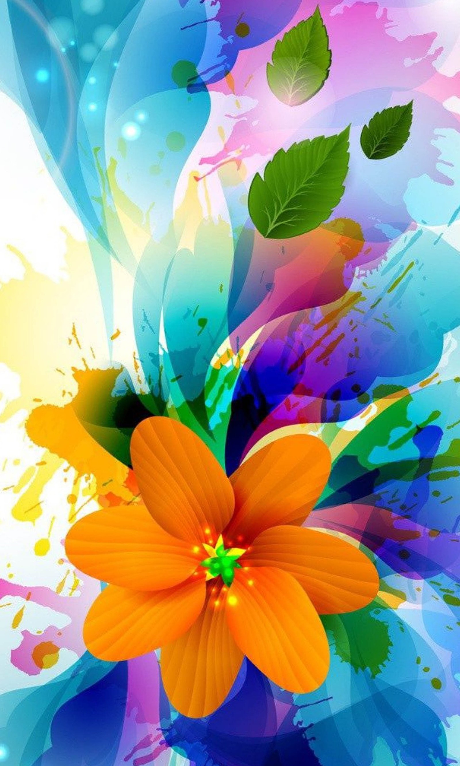 A colorful flower with leaves and watercolor splashs on a white background (abstract, design, flower, vector art)