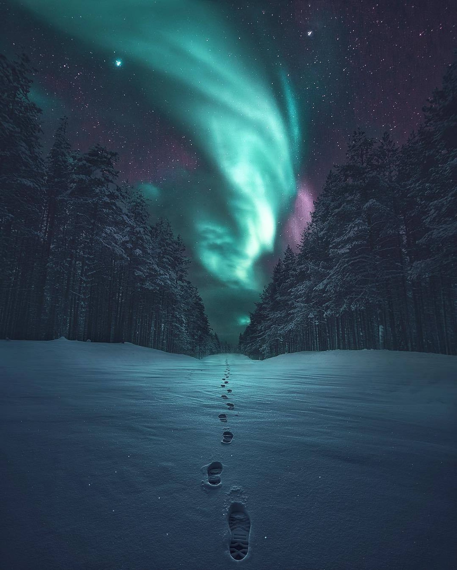 Un gros plan d'une personne marchant dans la neige avec une aurore boréale verte (aurore, pas, galaxie, enneigé)