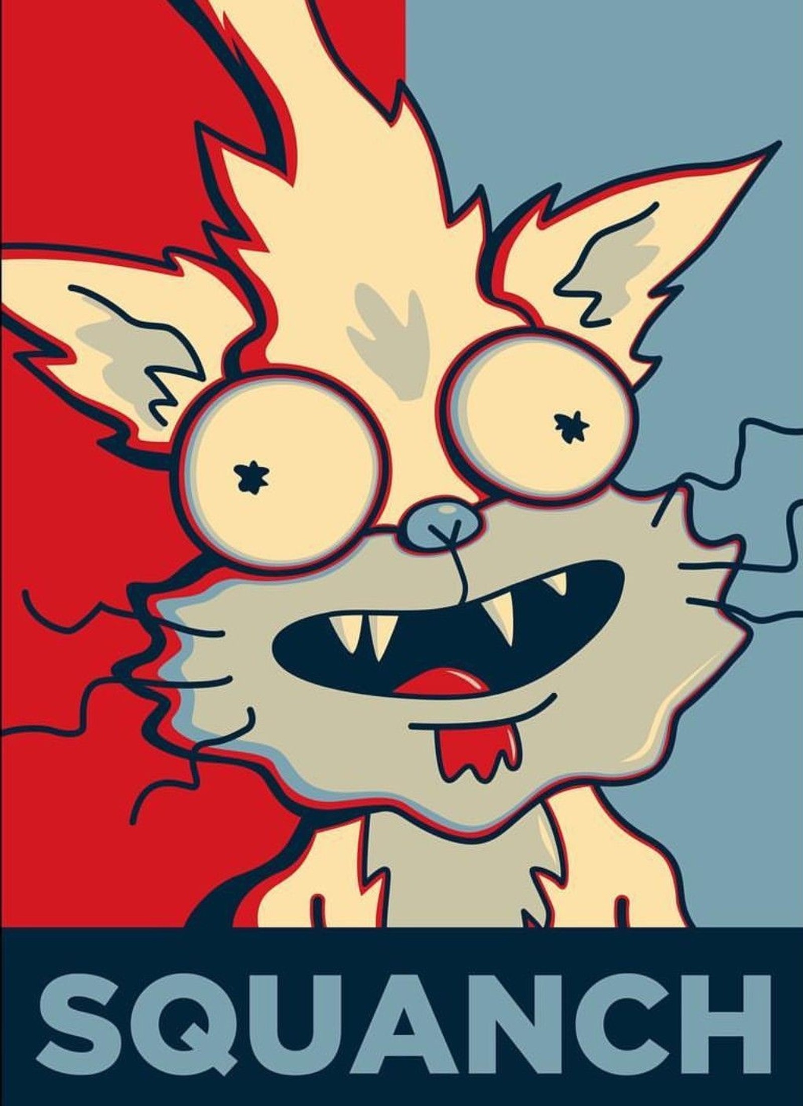 A close up of a cartoon cat with a red and blue background (squanch, rick and morty, funny)